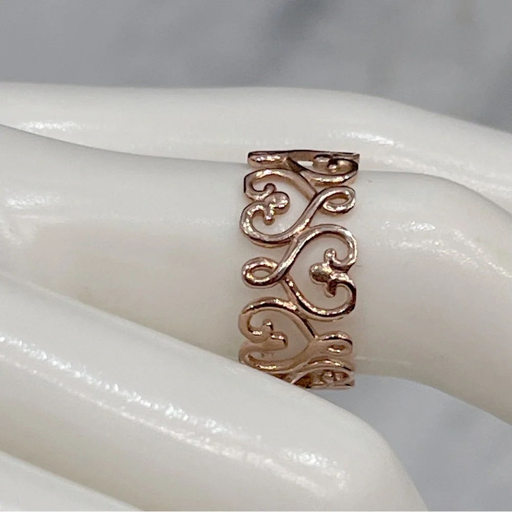 14K RG Sterling Silver Scrolled Heart Filigree Band Ring Sz 8
